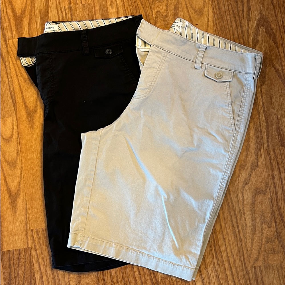 Women’s Dockers mid rise curvy shorts in khaki and black.